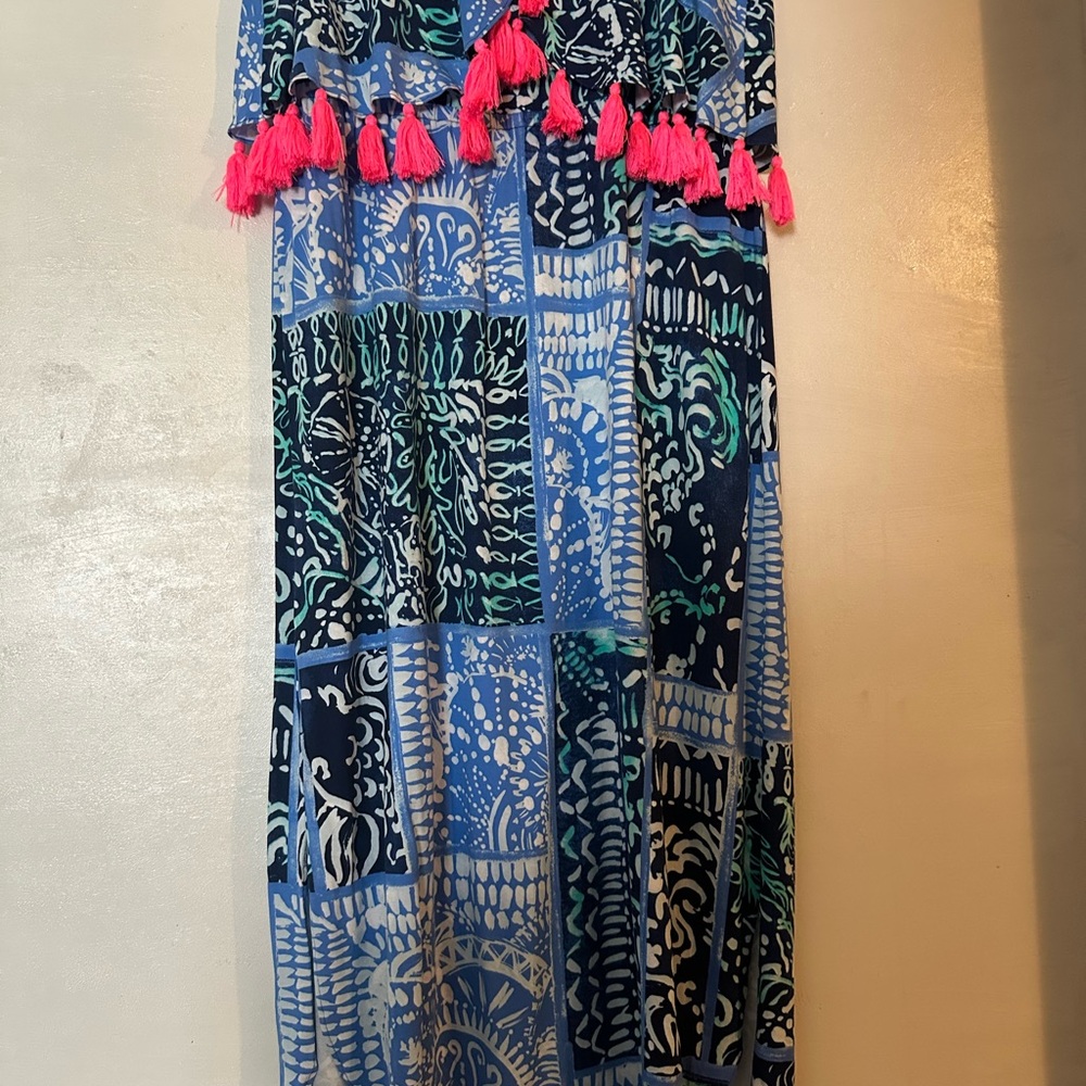 Lilly Pulitzer Blue Patterned Maxi Dress with Hot Pink Tassels - Picture 3 of 6
